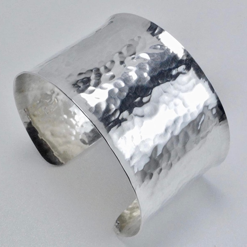 925 Stamped Sterling Silver Hammered Wide Cuff Bracelet.
